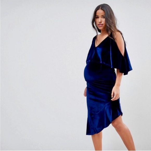 ASOS Maternity Velvet Off the Shoulder Asymmetrical Dress Blue Size 4 - Picture 1 of 12